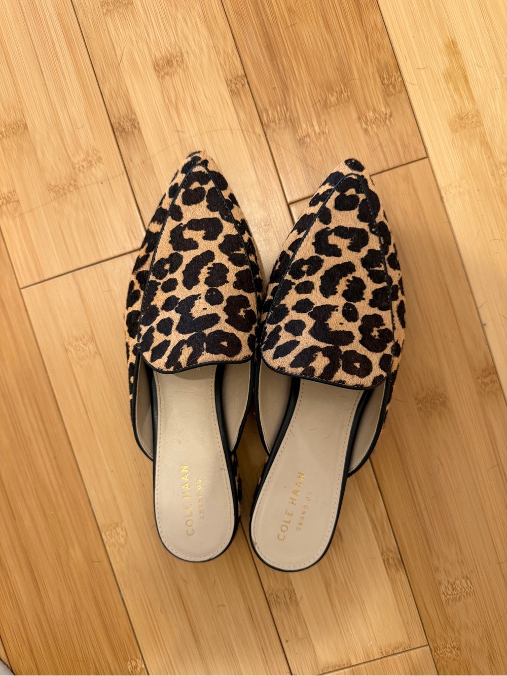 Cole Haan Leopard-Print Pointed Toe Mules in Tan and Black 6.5